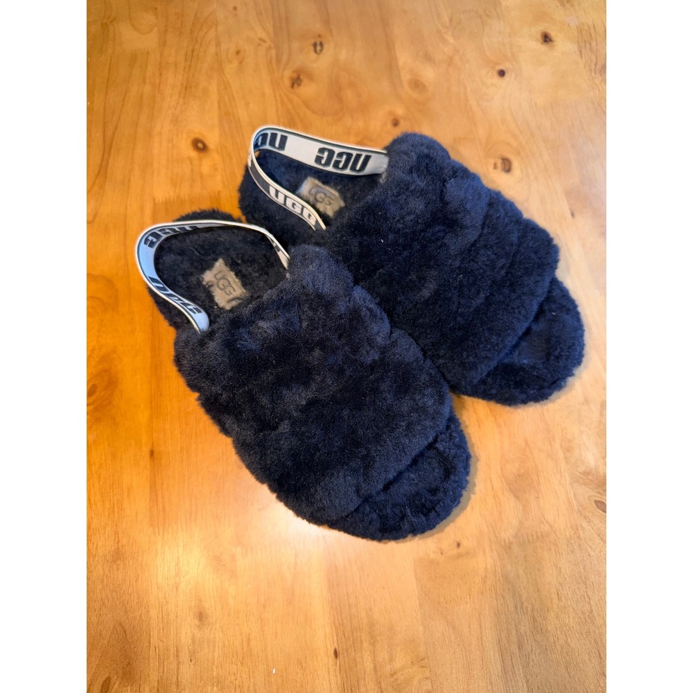 UGG Fluff Yeah Slide Black Sheepskin Slingback Slippers 1095119 Womens 7